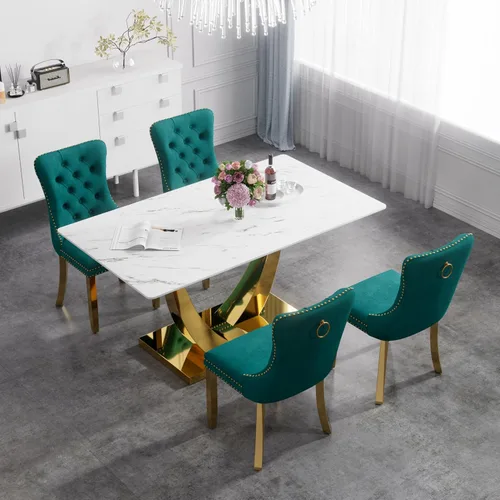 Vista 15 de Juego de mesa de comedor de cristal moderno de mediados de siglo para 4, 63 pulgadas, juego de comedor rectangular grande de lujo con parte superior