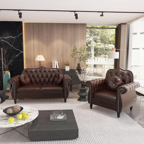 Vista 23 de AVZEAR Chesterfield - Juego de sofás seccional de 2 piezas para sala de estar, sofá tapizado en terciopelo moderno de mediados de siglo, sofá Blanco