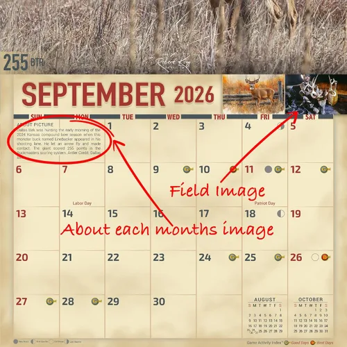 Vista 5 de Calendario de pared de venado cola blanca monstruo 2026, 16 meses, tamaño XL, 14x22, Calendario Big Buck Rack de The KING Company - Calendarios