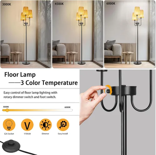 Vista 2 de Lámpara de pie de ratán para sala de estar, lámpara de pie de granja de 3 luces con pantallas de ratán, lámparas altas rústicas de 65 pulgadas
