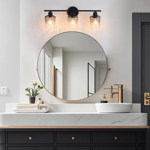 Vista 3 de Lámpara de baño de 3 luces, lámpara de tocador negra mate con pantalla de vidrio gris, moderna lámpara de pared de baño E26 para sobre espejo
