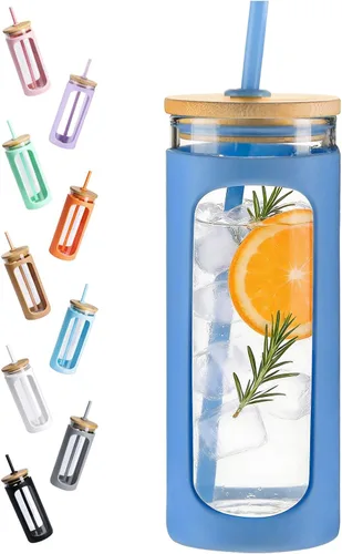 Vista 32 de Kodrine Vaso para agua de vidrio de 20 onzas con popote y tapa, botella de agua con tapas de bambú, taza para café helado, reutilizable, boca ancha