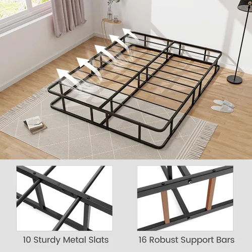 Vista 8 de KOMFOTT Base de cama de plataforma de metal tamaño Queen, base de colchón de metal resistente, plataforma de soporte de listones de metal con patas