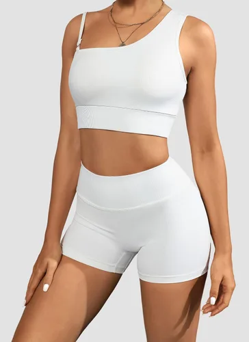 Vista 3 de Conjuntos de entrenamiento para mujer, trajes de 2 piezas, un hombro, sin costuras, brasier deportivo de cintura alta, pantalones cortos