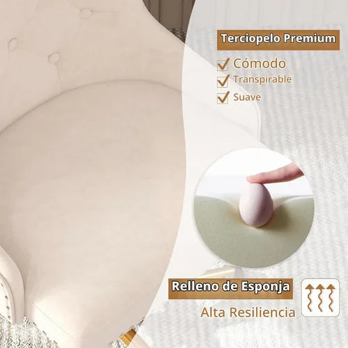 Vista 5 de Silla de escritorio de terciopelo, silla giratoria ajustable tapizada para Beige