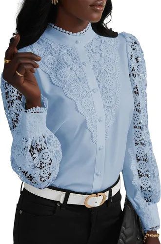 Vista 28 de Rooscier Blusa Elegante de Encaje de Crochet con Cuello Alto Simulado de Manga Larga con Botones para Mujer Top