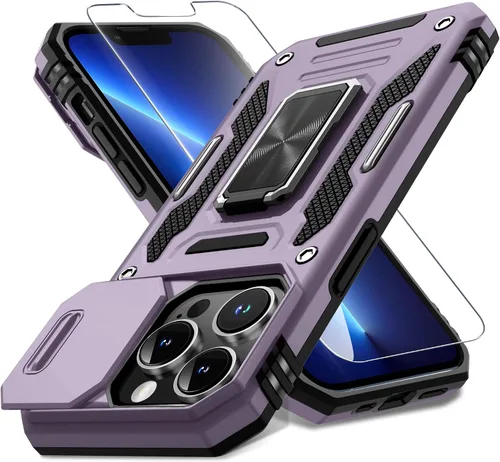 Vista 270 de DEERLAMN Funda para iPhone Xs Max con funda deslizante para cámara + protector de pantalla, soporte giratorio de anillo de grado militar a prueba