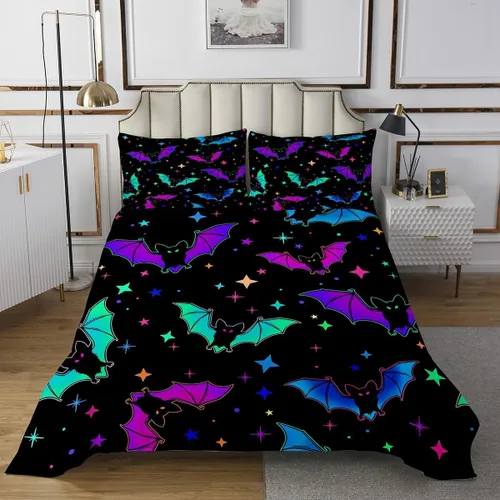 Vista 2 de Erosebridal Juego de colcha de murciélago de Halloween, tamaño individual, estrellas con purpurina y galaxia, para niños, decoración de Halloween