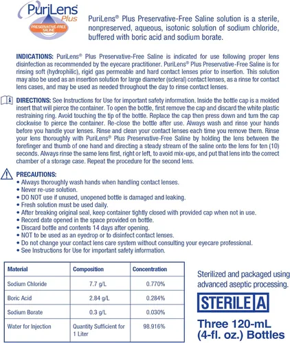Vista 4 de Purilens Plus, solución salina sin conservantes para lentes de contacto, 120 ml (4 fl. oz), paquete de 3