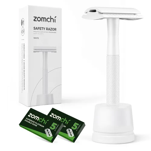 Vista 12 de ZOMCHI Maquinilla de afeitar de seguridad de doble filo para hombres y mujeres, maquinilla de afeitar de metal con 5 cuchillas de afeitar de Navaja