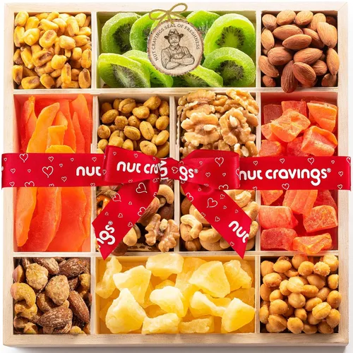 Vista 11 de NUT CRAVINGS - Cesta de regalo con arreglo floral de frutas secas navideñas en cesta de regalo de madera en forma de manzana + bandeja (9 surtido)