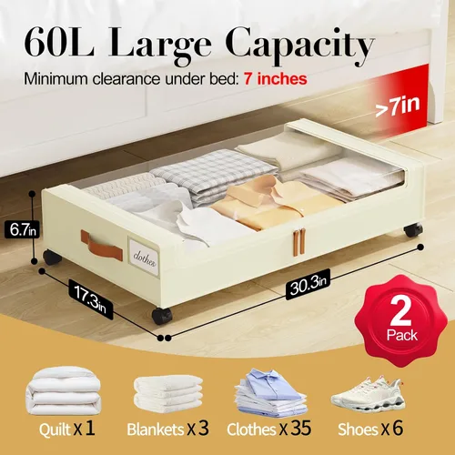 Vista 2 de Yecaye Almacenamiento Debajo de la Cama con Ruedas, 2 Paquetes de Cajas de Almacenamiento Debajo de la Cama con Tapas Transparentes y Etiqueta, 60L