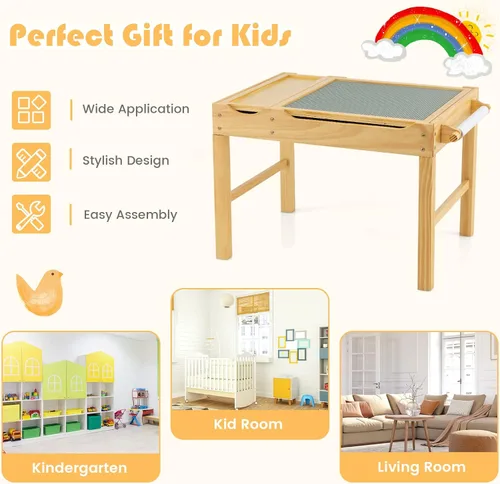 Vista 9 de HONEY JOY Mesa para niños, mesa de actividades de madera 2 en 1 con rollo de papel, mesa de bloques de construcción convertible, 3 compartimentos