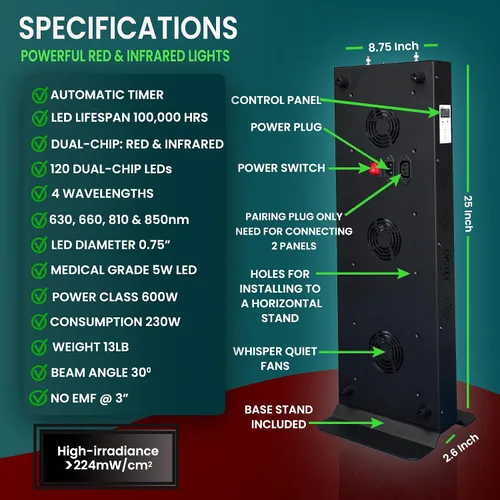 Vista 5 de Dispositivo de terapia de luz roja para cuerpo completo, 630 nm, 660 nm, 810 nm y 850 nm, panel LED de grado clínico de doble chip de infrarrojo