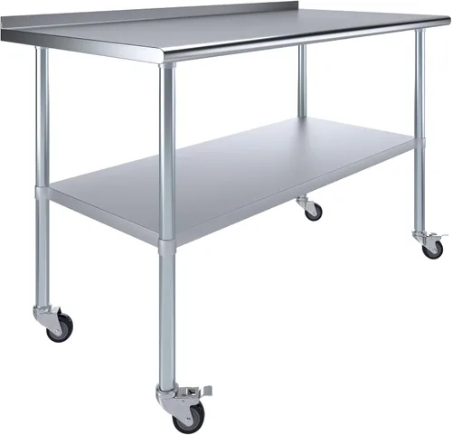 Vista 12 de AmGood Mesa de trabajo de acero inoxidable con protector contra salpicaduras de 1.5 pulgadas y ruedas NSF Mesa de preparación de alimentos