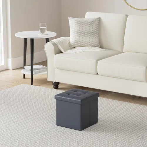 Vista 2 de LotFancy Otomana de almacenamiento, taburete plegable para reposapiés, banco pequeño de cuero de 13 x 12 x 12 pulgadas con almacenamiento, soporta