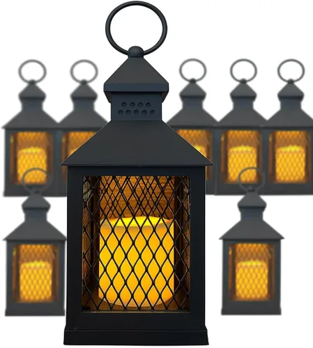 Vista 2 de Juego de 12 faroles de granja de 10 pulgadas decorativas negras con vela LED sin llama, temporizador de 5 horas, resistente a la intemperie, luces