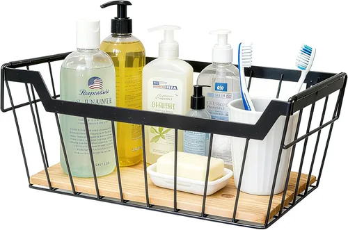 Vista 12 de ShabbyDecor Cesta de alambre de metal desmontable con base de madera, organizador de almacenamiento, cesta colgante para armarios de cocina, baño