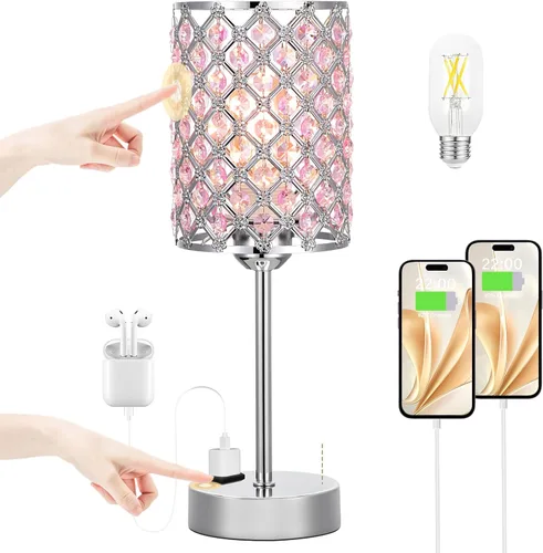 Vista 11 de Lámpara de mesa de cristal con control táctil, lámpara de mesita de noche regulable con puertos de carga USB-C+A y CA, lámpara USB dorada de 3 vías