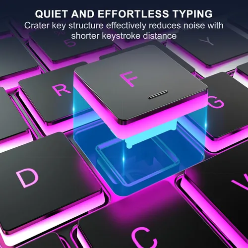 Vista 8 de Teclado de computadora con cable, retroiluminación LED arcoíris de 7 colores, teclado iluminado silencioso con teclas multimedia, teclas de chiclet