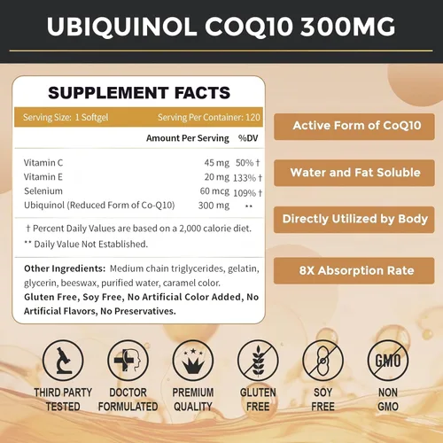 Vista 2 de ZEBORA Ubiquinol CoQ10 - Cápsulas blandas de 300 mg, potente antioxidante 4 en 1 para la salud cardíaca y vascular, esencial para la producción