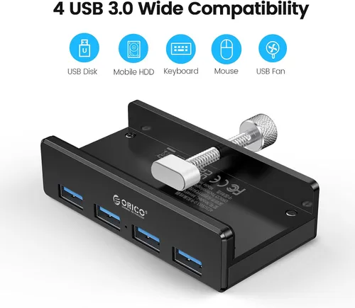 Vista 4 de ORICO Hub USB 3.0, Abrazadera de Hub USB, Divisor USB de Aluminio de 4 Puertos con Puerto de Fuente de Alimentación Adicional y Cable de Datos USB