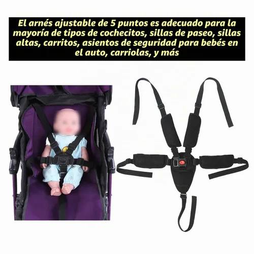 Vista 6 de Arnés universal de 5 puntos para bebé con 5 almohadillas, arnés ajustable correa de seguridad para bebé, cinturón de seguridad para bebé para silla