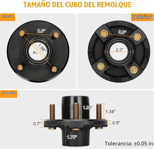 Vista 2 de Juego de 2 cubos de remolque de 4 lengüetas para 2000 libras, cubo de remolque de 4 x 4 pulgadas, para ejes de remolque de 1 pulgada y 1-1/16