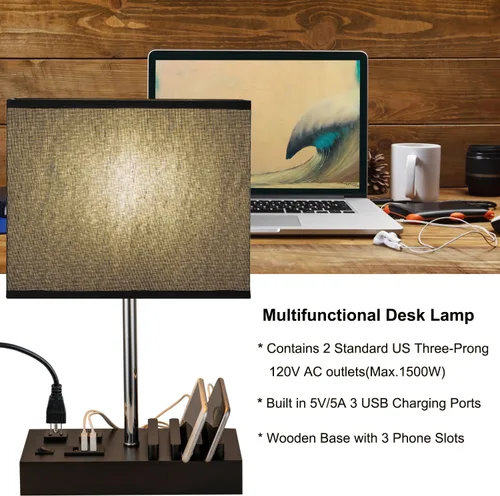 Vista 6 de Briever Lámpara de mesa USB, lámpara multifuncional de mesita de noche con 2 salidas de CA, 3 puertos de carga USB y organizador de soporte