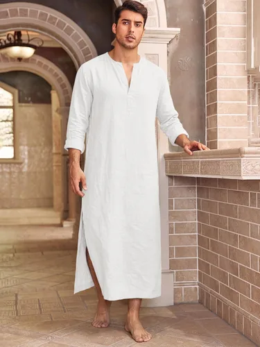 Vista 4 de Runcati Bata de caftán para hombre de manga larga Thobe Kurta Muslim Blanco