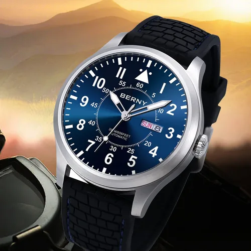 Vista 2 de BERNY Reloj mecánico automático para hombre, reloj de cuerda automática, resistente al agua, 20 ATM, cristal de zafiro, resistente a los arañazos