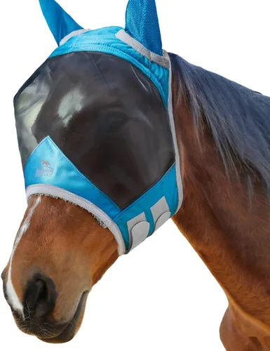 Vista 153 de Harrison Howard Máscara de mosca de caballo luminosa profesional estándar con orejas protección UV para caballo, azul y plateado, pequeño poni Azul