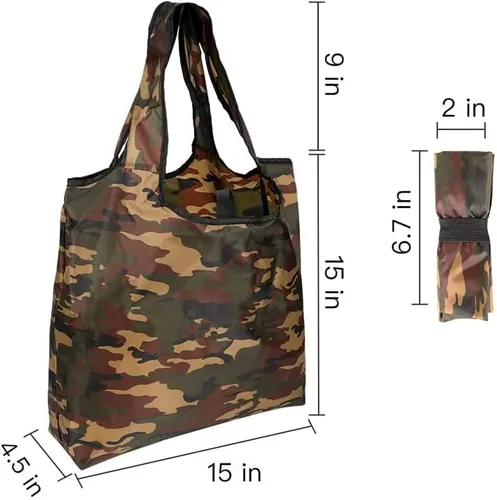 Vista 3 de Aricsen Paquete de 10 bolsas de compras reutilizables de camuflaje de 15 x 4.5 x 15 pulgadas con asas a granel, plegables extragrandes resistentes