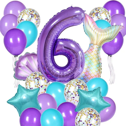 Vista 5 de Decoraciones de cumpleaños de sirena, kit de globos de cola de sirena, decoración de fiesta para niñas de 1 año (Número 1)