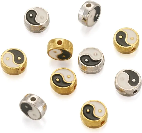 Vista 2 de Craftdady 60 cuentas esmaltadas de aleación de zinc Yin Yang de disco redondo plano Tai Chi Taoísmo cuentas espaciadoras sueltas 0.335x0.138 in