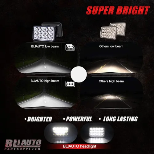 Vista 2 de Faros delanteros LED 4x6 aprobados por puntos, 2 unidades, rectangulares de 45 W, Hi/Bajo, faros delanteros para Kenworth T800 W900 Peterbilt 378