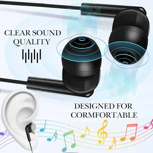 Vista 3 de Kanayu Paquete de 50 auriculares con cable a granel para aulas, auriculares básicos para estudiantes, sin micrófono, con conector de 0.138 in