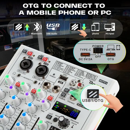 Vista 4 de Bolanle Mezclador DJ de 4 canales con 100 efectos DSP, interfaz de audio USB y Bluetooth, tarjeta de sonido profesional para podcast, karaoke