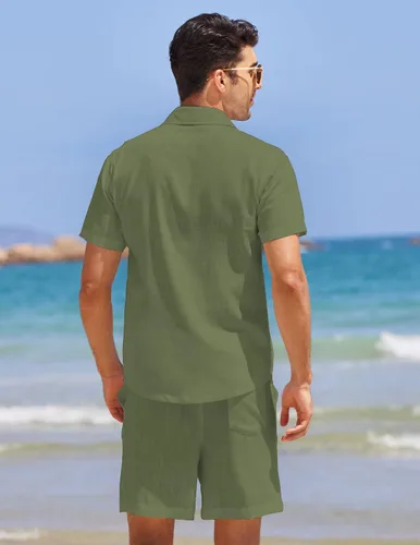 Vista 3 de COOFANDY Conjunto de lino de 2 piezas para hombre, camisa casual de manga corta y conjunto de playa corto