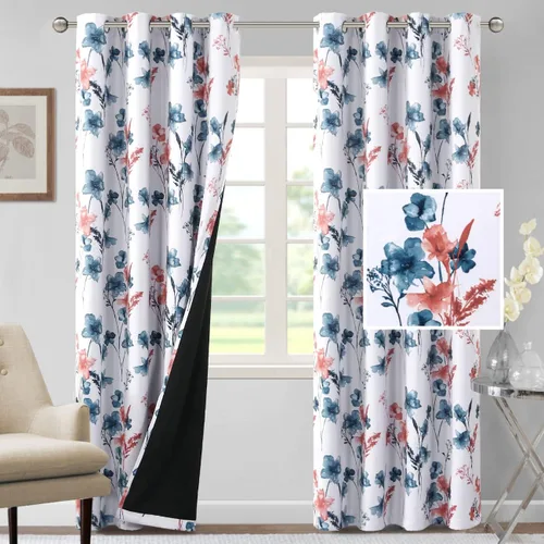 Vista 55 de H.VERSAILTEX - Cortinas 100% blackout con estampado floral de cattleyas, 45 pulgadas de largo, juego de 2 paneles térmicos con forro negro, a prueba