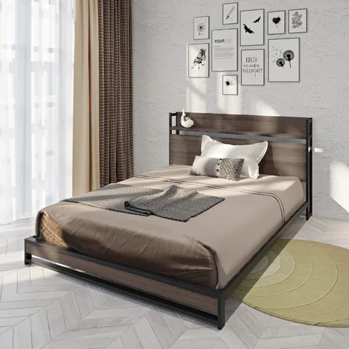 Vista 10 de Marco de cama de plataforma de metal resistente de 14 pulgadas con cabecero y estribo de madera, plataforma de metal, gran almacenamiento debajo