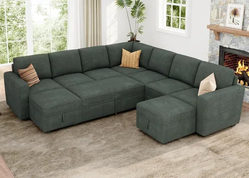 Vista 11 de HONBAY Sofá cama modular, sofá cama modular de pana extraíble con almacenamiento, sofás seccionales en forma de U para sala de estar, color azul