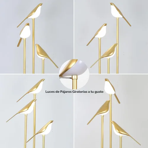 Vista 3 de Lámparas de pie doradas para sala de estar, lámpara de pie moderna con estantes, lámpara de pie de mediados de siglo con 3 luces LED de pájaro