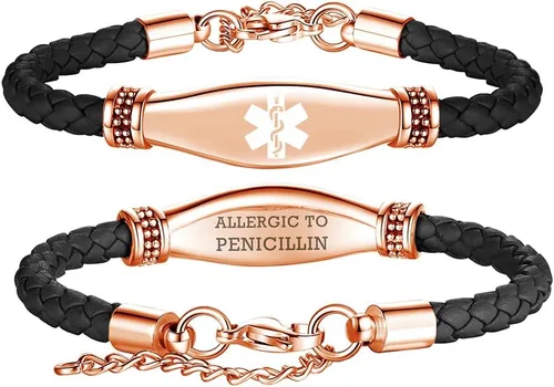 Vista 48 de LinnaLove Pulseras de alerta médica para mujeres, hermosas pulseras de cuero femenino para identificación médica con grabado gratuito