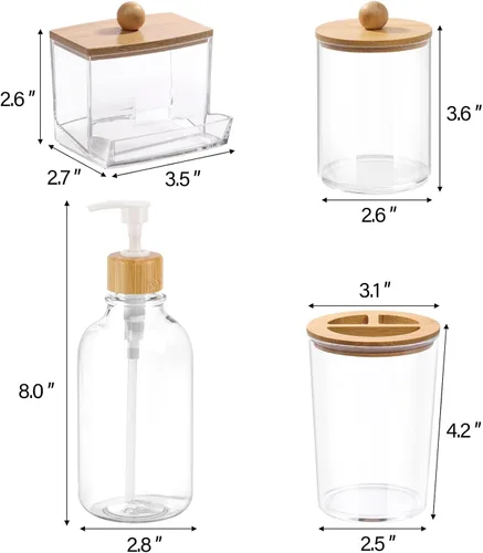 Vista 9 de Juego de accesorios de baño de bambú, 4 piezas, soporte para cepillos de dientes transparente, dispensador de jabón de plástico y 2 soportes