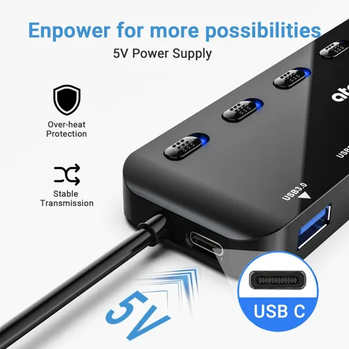 Vista 4 de atolla Divisor de concentrador USB 3.0 de 7 puertos, extensor USB Ultra Slim Data USB Hub con interruptor de alimentación individual y LED