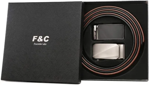 Vista 6 de Founders & C Cinturón para hombre, 2 unidades, vestido de cuero con trinquete con hebilla deslizante de 1 38 pulgadas en caja de regalo