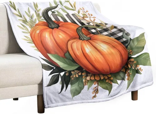 Vista 42 de Manta de lana cuadriculada con diseño de calabaza, hojas de arce, Acción de Gracias, manta de cama para otoño, Acción de Gracias, ligera, súper