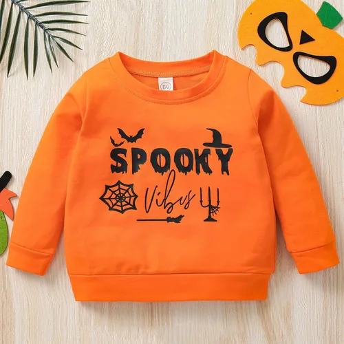 Vista 2 de Sudadera de manga larga con estampado de letras de Halloween para niños y niñas, sudadera con forro polar para bebé