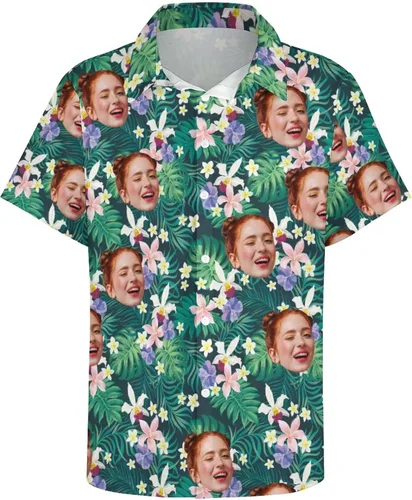 Vista 5 de Camisa hawaiana personalizada con caras, camisa hawaiana de manga corta para hombre, diseño floral tropical para novio, marido, hijo